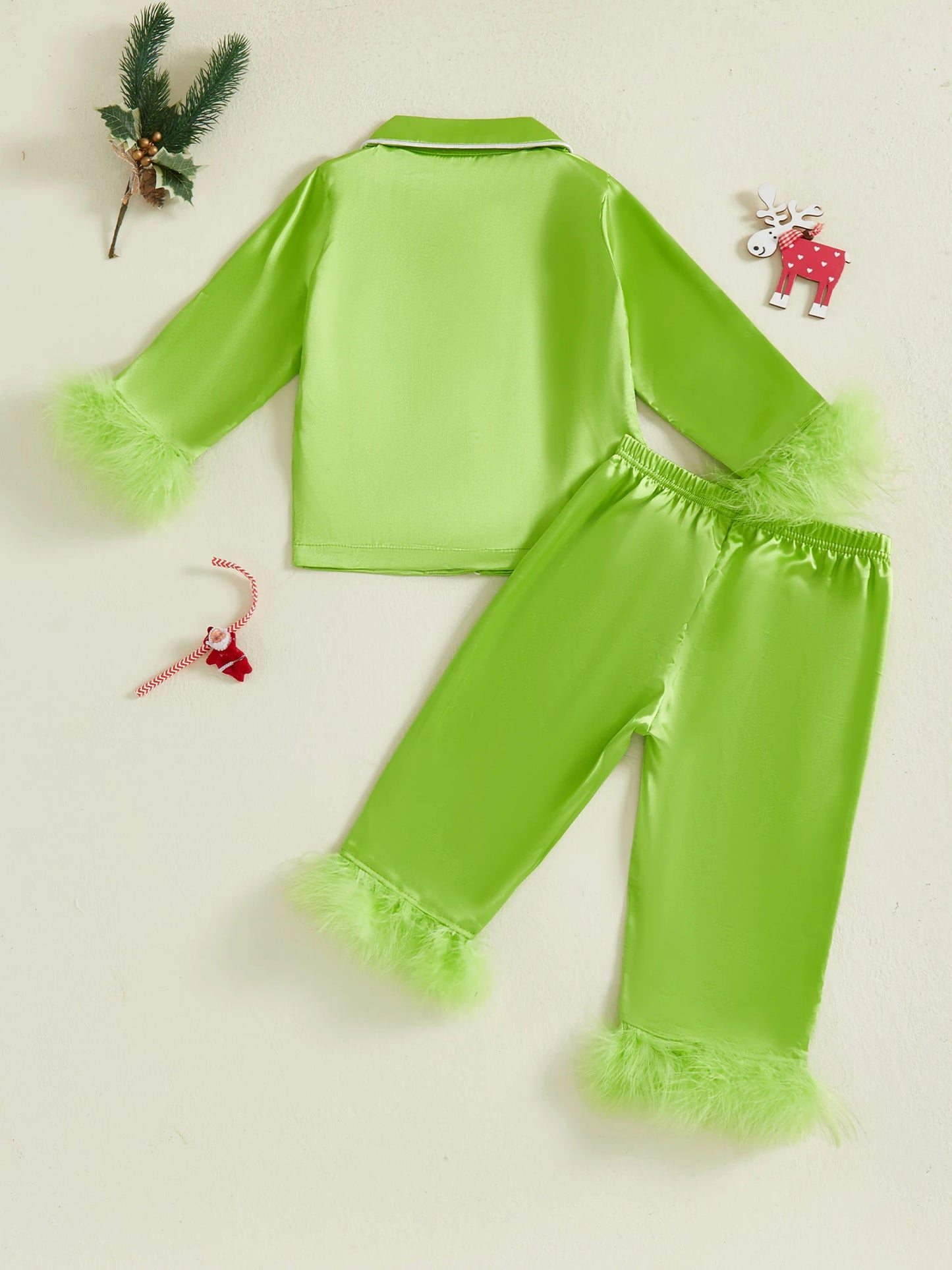 Kid Christmas Satin Pajamas Set Heart Print Long Sleeve Lapel Button Down Tops with Pants Feather Cuffs Sleepwear