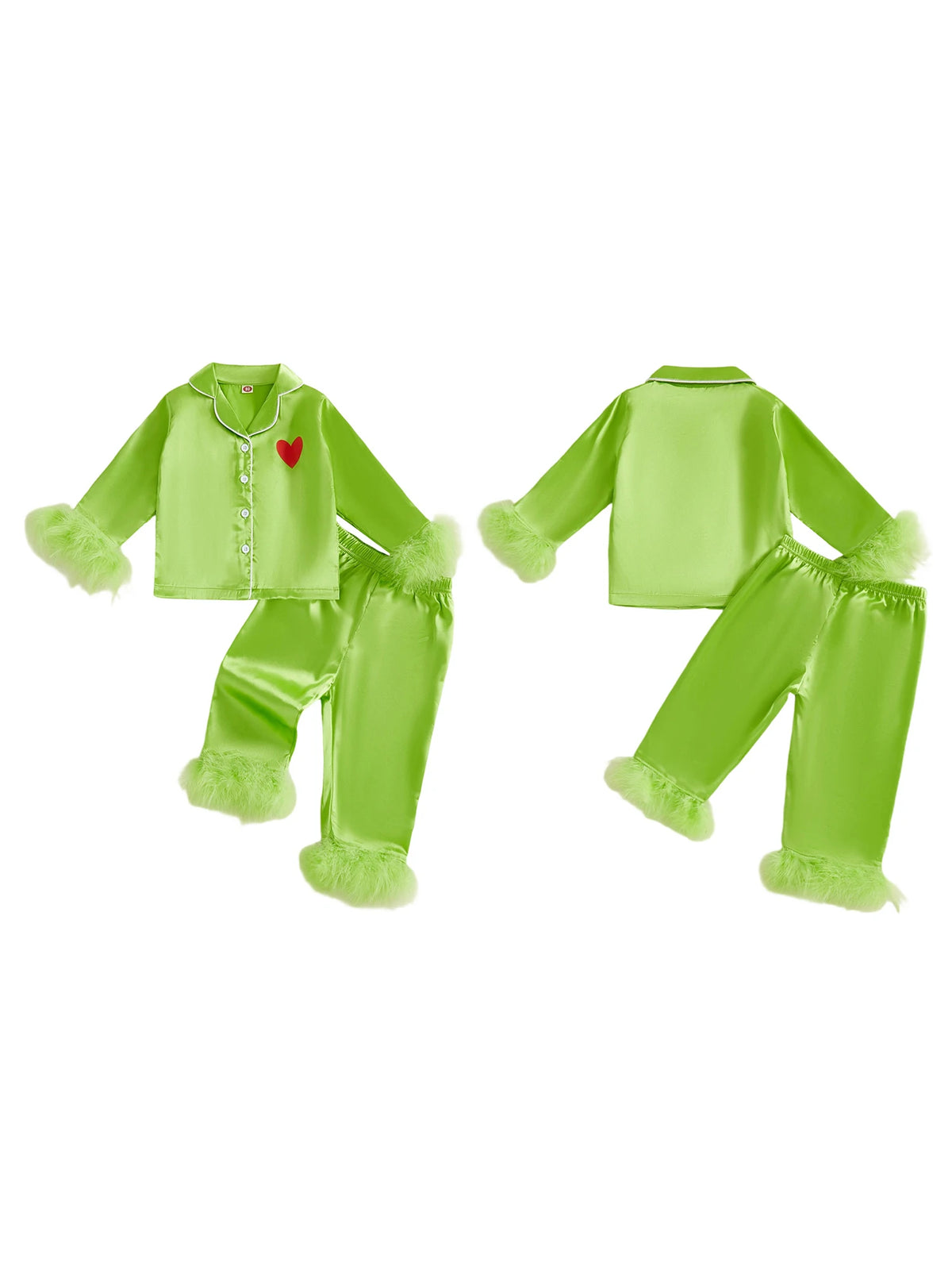 Kid Christmas Satin Pajamas Set Heart Print Long Sleeve Lapel Button Down Tops with Pants Feather Cuffs Sleepwear