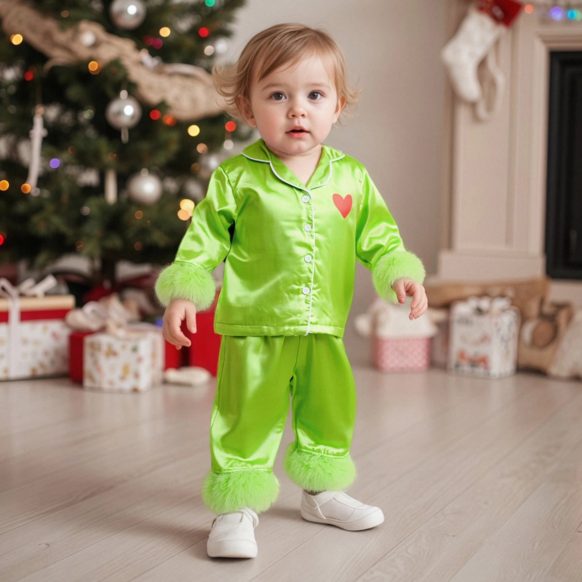 Kid Christmas Satin Pajamas Set Heart Print Long Sleeve Lapel Button Down Tops with Pants Feather Cuffs Sleepwear