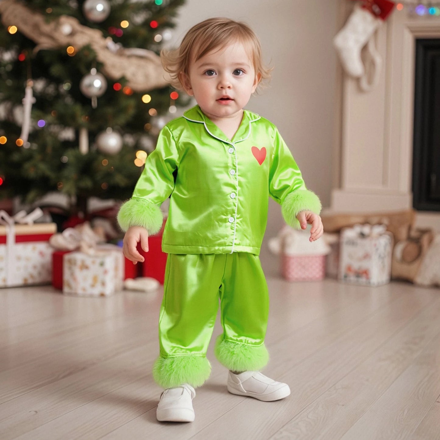 Kid Christmas Satin Pajamas Set Heart Print Long Sleeve Lapel Button Down Tops with Pants Feather Cuffs Sleepwear