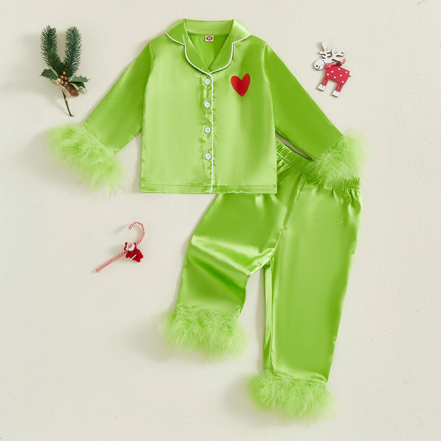 Kid Christmas Satin Pajamas Set Heart Print Long Sleeve Lapel Button Down Tops with Pants Feather Cuffs Sleepwear