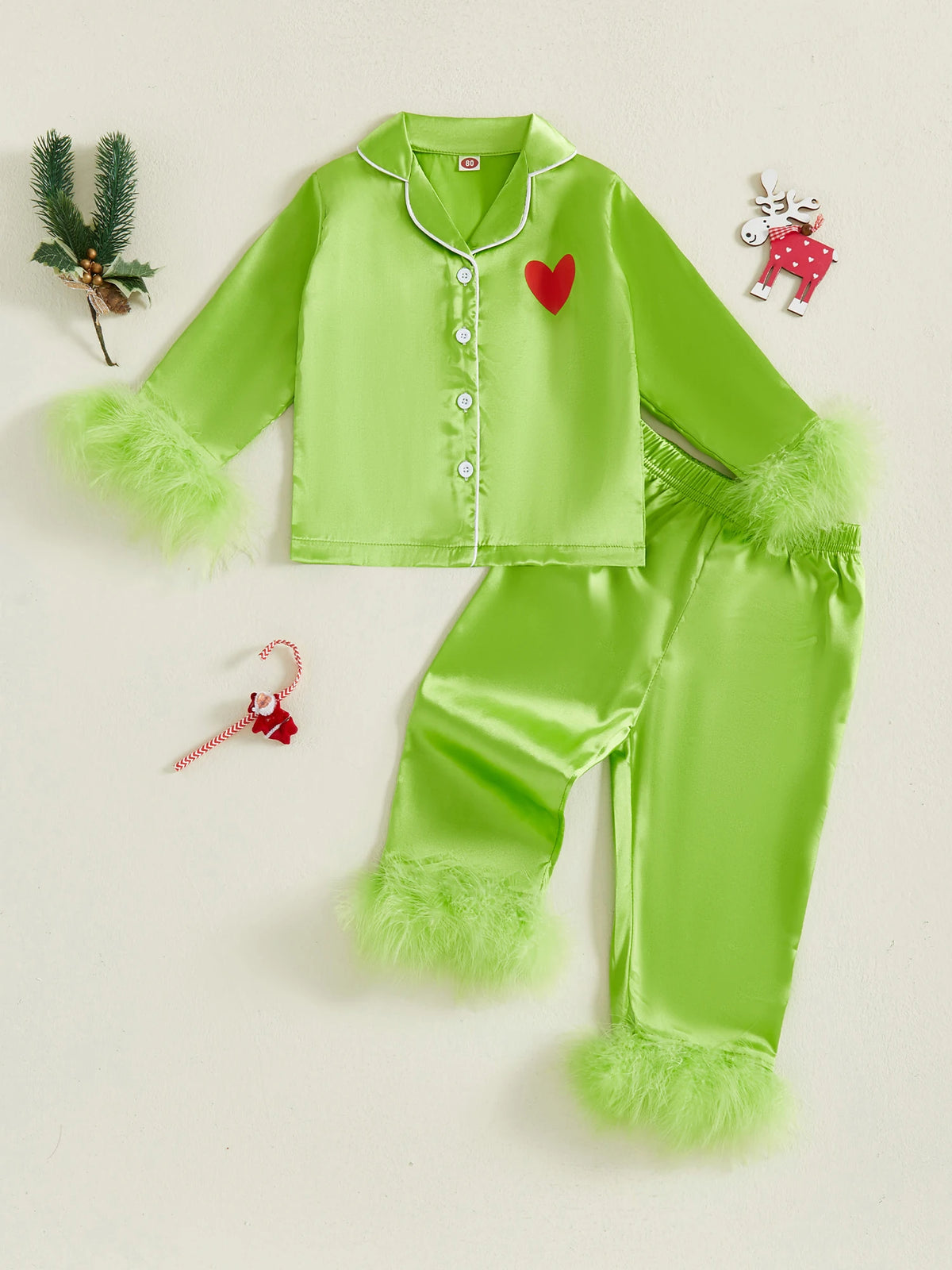 Kid Christmas Satin Pajamas Set Heart Print Long Sleeve Lapel Button Down Tops with Pants Feather Cuffs Sleepwear