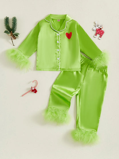 Kid Christmas Satin Pajamas Set Heart Print Long Sleeve Lapel Button Down Tops with Pants Feather Cuffs Sleepwear