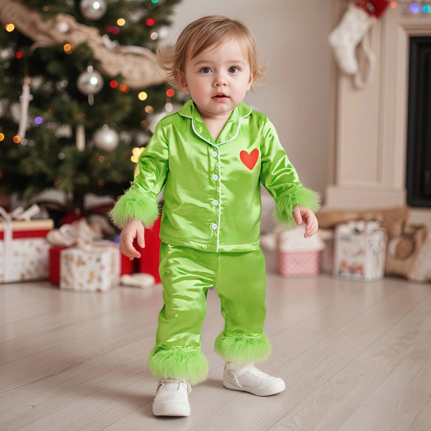 Kid Christmas Satin Pajamas Set Heart Print Long Sleeve Lapel Button Down Tops with Pants Feather Cuffs Sleepwear