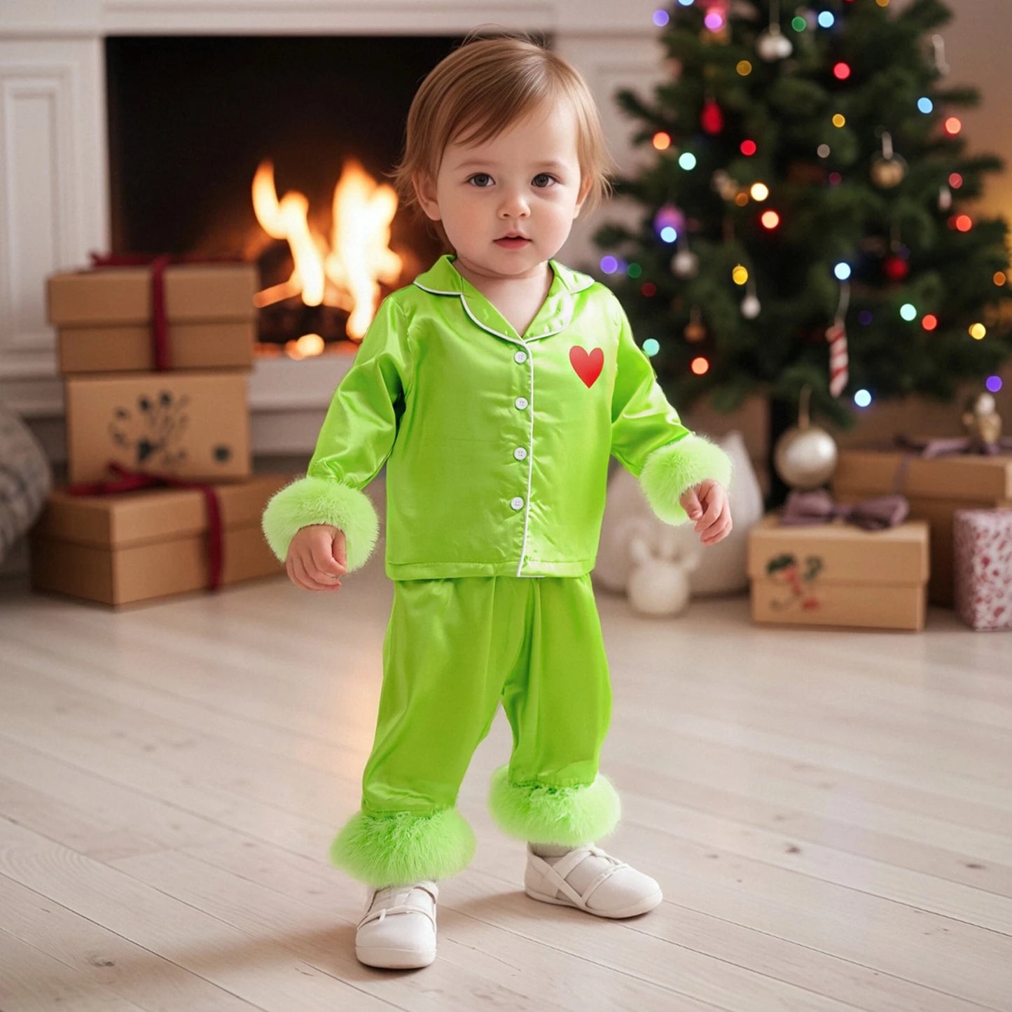 Kid Christmas Satin Pajamas Set Heart Print Long Sleeve Lapel Button Down Tops with Pants Feather Cuffs Sleepwear