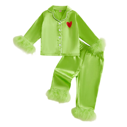 Kid Christmas Satin Pajamas Set Heart Print Long Sleeve Lapel Button Down Tops with Pants Feather Cuffs Sleepwear