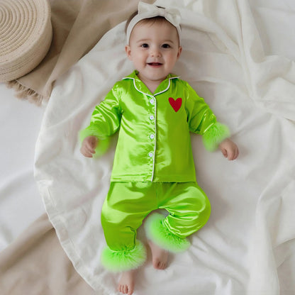 Kid Christmas Satin Pajamas Set Heart Print Long Sleeve Lapel Button Down Tops with Pants Feather Cuffs Sleepwear